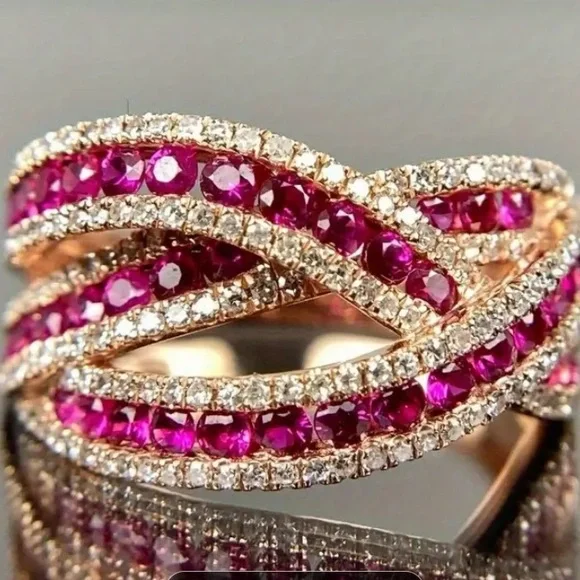 18k Gold Plated and Ruby Zirconia & Clear Pave Crystals Ring - Picture 4 of 4